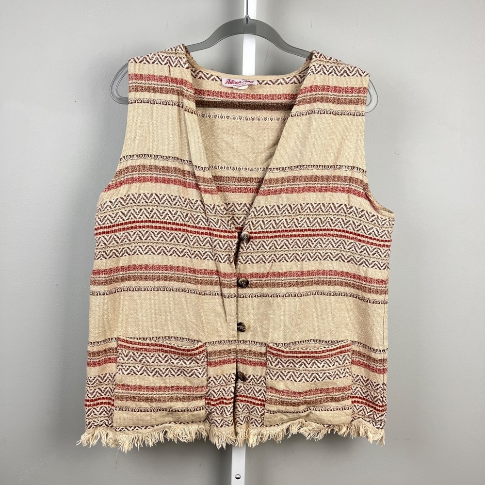 Vintage Allison Tracy Western Tapestry Vest Womens 14 Woven Fringed Boho - Picture 2 of 6